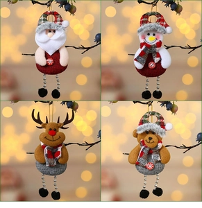Detailed close-up of cloth Santa, Snowman, Reindeer and Bear Christmas ornaments