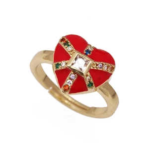 Gold plated heart evil eye ring with red enamel and colorful zircon stones on white background