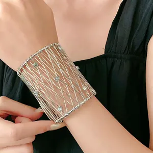 Mesh Woven Wide Cuff Bangle Alloy Rhinestone Hollow Out Fashion Jewelry For Women Elegant Party Accessory
