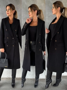 Detail view of the black slim-fit double-breasted wool coat with notch lapels and buttons