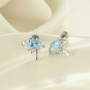Silver star and blue heart zircon stud earrings with screw back design in titanium steel
