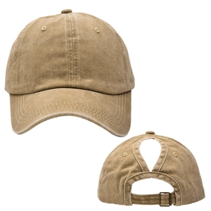 Detailed front and back view of washed cotton ponytail baseball cap with metal buckle