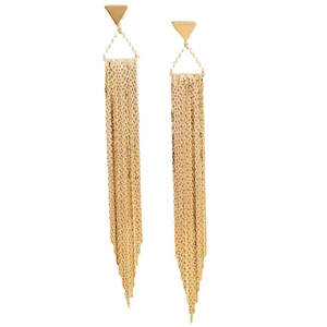 Elegant gold tassel earrings with triangular studs and long metallic mesh fringe drop