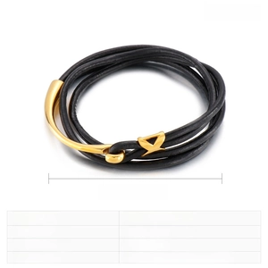 Detail view of double-wrap leather bracelet with stainless steel fishhook clasp and size specs