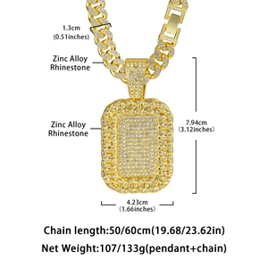 Gold hip hop cuban chain with iced out rectangle pendant and size dimensions