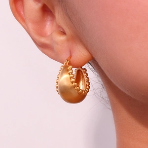 Polished 18K gold plated stainless steel textured ball basket hoop earrings for women