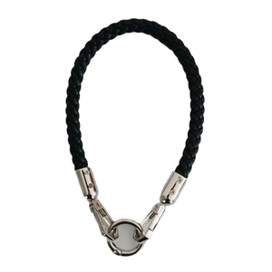 Minimalist black braided leather phone lanyard with silver metal spring buckle clasp