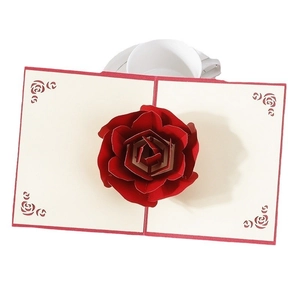 Romantic 3D pop-up red rose greeting card with laser-cut corners for weddings