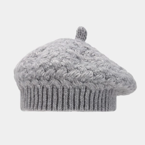 Classic grey cable knit beret hat for women with ribbed edge and vintage aesthetic