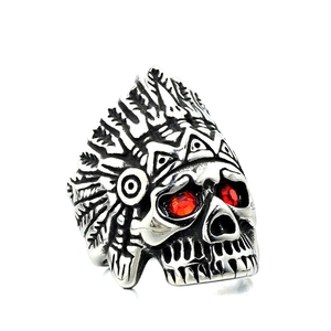 Bague Tête De Mort Chef Indien Pour Homme Acier Inoxydable Rétro Gothique Punk Rock Bijou Avec Yeux Zircon