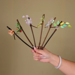 Carbonized bamboo hair sticks with glass flowers and pearls for traditional styling