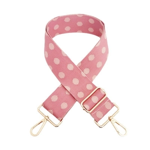Adjustable wide fabric bag strap with pink polka dots and golden metal swivel hooks