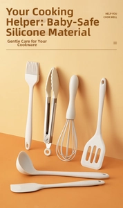 Detailed view of 6-piece cream silicone baking utensil set including whisk and tongs