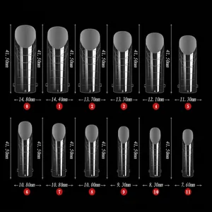 Size chart for nail extension tips showing precise length and width for sizes 0 to 11