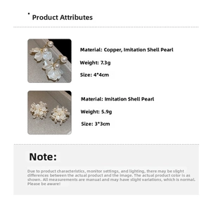 Detailed size and material chart for floral pearl earrings with copper and faux shell