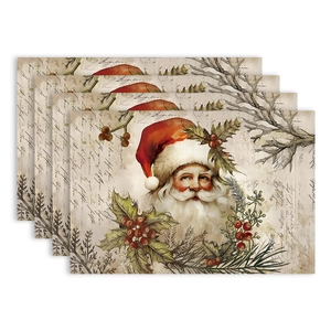 Set of 4 vintage Santa Claus placemats with holly berries and pine on antique paper base