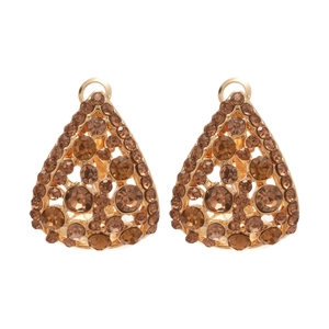 French style gold-toned hollow teardrop earrings with sparkling brown rhinestones