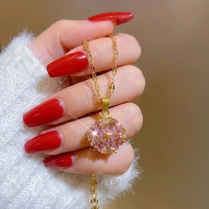 Exquisite gold titanium necklace with pink clover flower pendant and micro zircon inlay