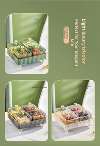 Detail view of light luxury divided snack platters in green, grey, and clear colors