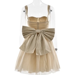 Detail view of beige mesh mini dress featuring large bow decoration and back zipper