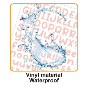 Detailed close-up of pink vinyl alphabet stickers showing waterproof surface with water splashes
