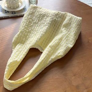 Yellow checkered crinkle shoulder bag soft tote aesthetic casual cloth daily handbag.