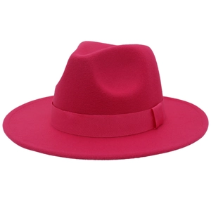 Stylish magenta wide-brim fedora hat with matching ribbon, made of soft felt material.