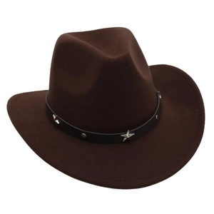 Close-up of brown wool felt cowboy hat with black leather band and silver star studs