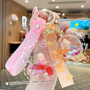 Liquid Quicksand Keychain Cartoon Bear Acrylic Floating Glitter Backpack Pendant With Silicone Strap For Kids Women Gift