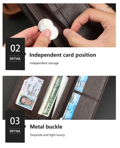 Detail showing individual card slots and high-quality metal buckle on brown leather wallet