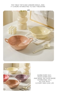 Close-up of ceramic bowls with dual handles and spoons in various soft pastel colors