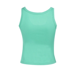 Detail view of mint green ribbed knit texture and back seam on the sleeveless crop top