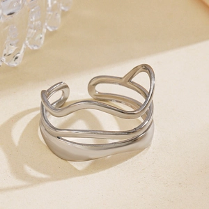 Three-layer wave minimalist stainless steel adjustable ring for women in silver finish