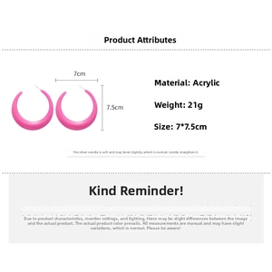 Detail view of pink acrylic C-shaped earrings with 7x7.5cm size and silver needle specifications