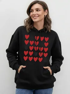 Women Black Hoodie With Red Heart Amour Print Cotton Fleece Lined Sweatshirt Casual Long Sleeve Kangaroo Pocket