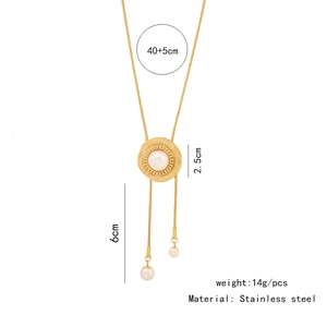 Detail showing 14g gold stainless steel Y-necklace with pearls and size measurements