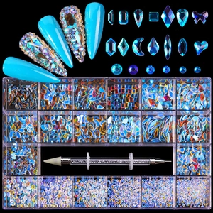 21-grid nail art rhinestones set with multi-shape crystals and dual-ended wax pen