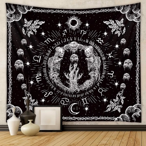 Gothic skull wall tapestry with zodiac symbols and moon stars for room decoration