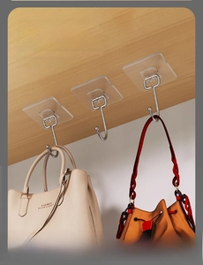 Strong transparent adhesive hook for bags and clothes hanging under wooden shelves