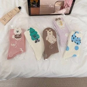 Set di cinque paia di calzini in cotone stile coreano con ricami di animali per donne