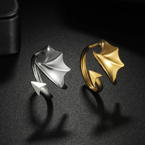 Gothic angel and demon wing open rings for couples in gold and silver stainless steel