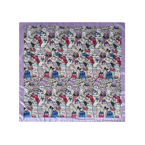 Detailed view of colorful cartoon cat print silk scarf with purple hemmed edges