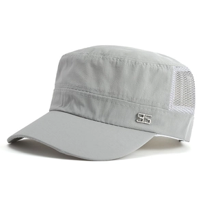 Light gray flat top military cap with white breathable mesh and metallic 95 logo plate