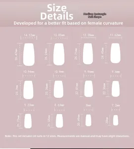 Detailed size chart for pink gradient press-on nails featuring medium long square shapes