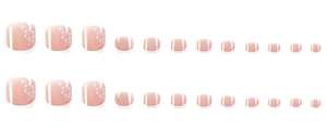 Detailed set of nude pink press-on toenails with white floral patterns on white background