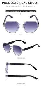 Detail view of rimless geometric sunglasses with purple gradient lenses and metal frame