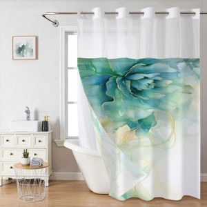 Détail du rideau de douche marbré bleu et or imperméable avec œillets métalliques