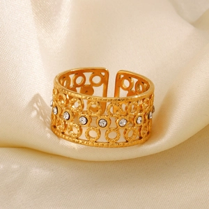 Adjustable 18K gold plated stainless steel open ring with hollow circles and white zircons