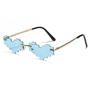 Retro pixelated blue heart sunglasses with gold metal frame and stylish pixel edges