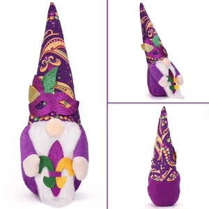 Detailed views of purple Mardi Gras gnome plush with glitter mask and fleur-de-lis icon